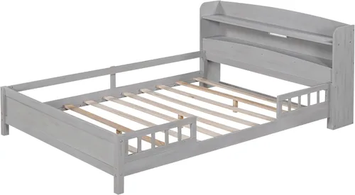 Miniatura 9 de VilroCaz Moderna plataforma de tamaño matrimonial con cabecera de almacenamiento y barandilla de seguridad para niños, plataforma de madera