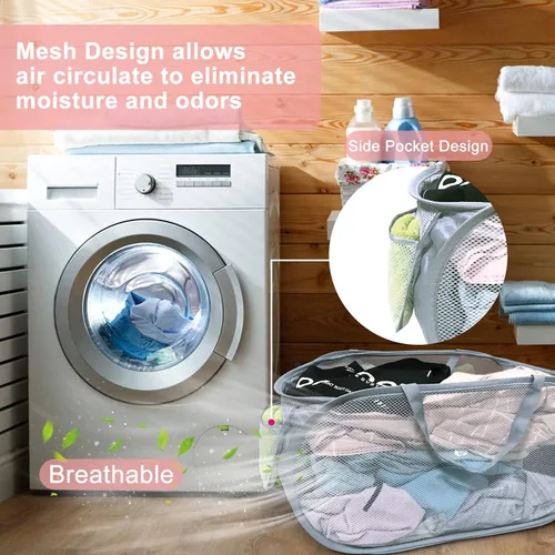 Miniatura 4 de 2 cestas de malla para la ropa sucia, canastas plegables para la ropa sucia, 75 L, cesta de almacenamiento horizontal con bolsillo lateral y asa