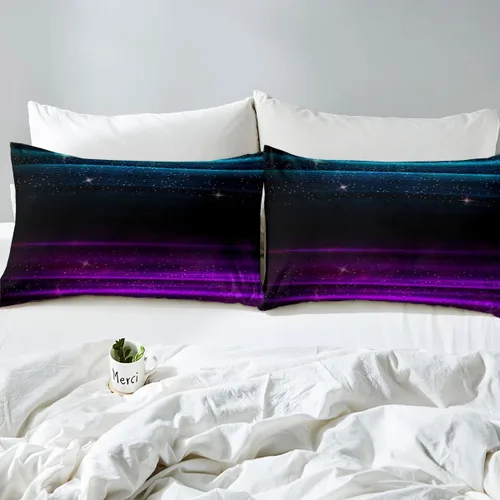 Miniatura 5 de Juego de edredón de estrellas degradadas, negro, morado, azul, rayas, acuarela, degradado, galaxia, cielo estrellado, juego de edredón tamaño Azul
