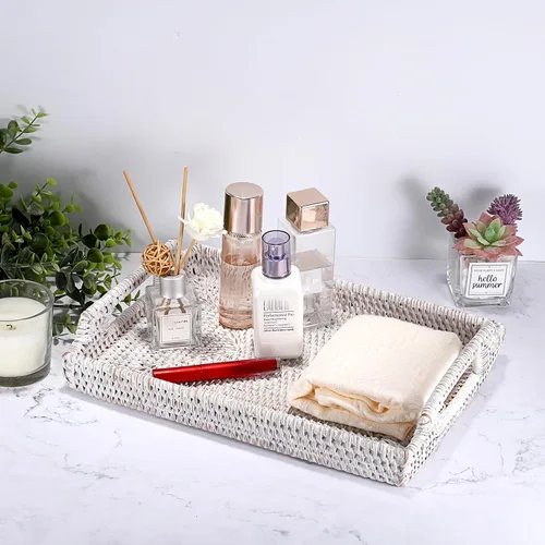 Miniatura 6 de Hipiwe Bandeja de ratán para servir con asas de madera, bandeja decorativa tejida a mano para mesa de café, cesta rectangular, bandejas otomanas