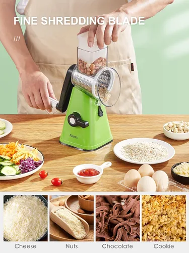 Miniatura 4 de Reemix - Rallador rotativo de queso con asa, triturador de queso vegetal para cocina, 3 cuchillas intercambiables para queso, papa, calabacín, Verde