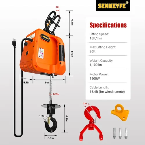 Miniatura 3 de PRO Power - Cabrestante eléctrico portátil de 1100 libras, polipasto de cable eléctrico de 30 pies, 1600 W con ganchos simples/dobles control remoto