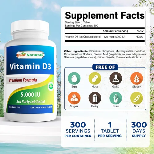 Miniatura 2 de Best Naturals Vitamina D3 – 300 tabletas – Hecho en Estados Unidos, sin OMG, sin gluten, sin color, sabor ni conservantes artificiales – Suplemento