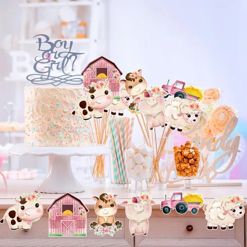 Miniatura 4 de Hotop 42 piezas de recortes florales de animales de granja, decoración de fiesta temática de granja rosa con 60 puntos de pegamento para niñas