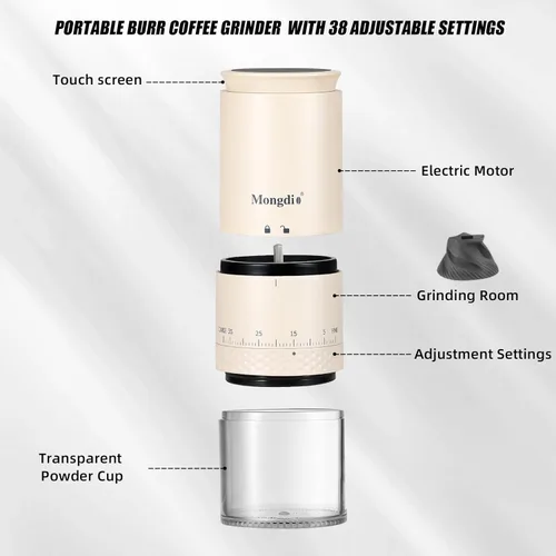 Miniatura 5 de Mongdio Molinillo de Café Eléctrico Portátil de Muelas con 38 Configuraciones, Molinillo de Café de Muelas Cónicas con Pantalla LED, Carga USB
