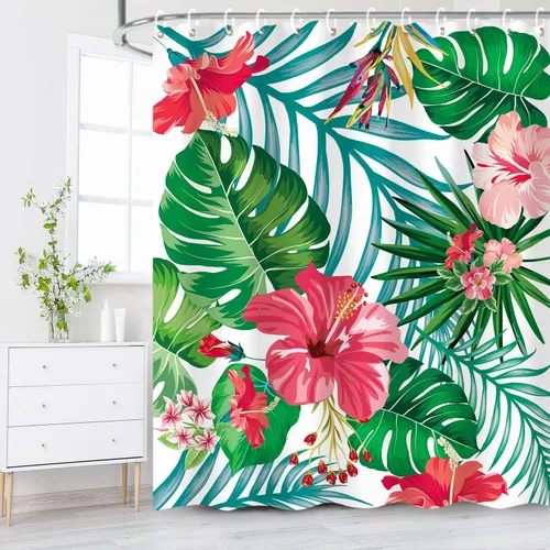 Miniatura 6 de LIVILAN Juego de cortinas de ducha con hojas de plantas tropicales, diseño botánico de selva con 12 ganchos para decoración de baño, 72 x 72 pulgadas