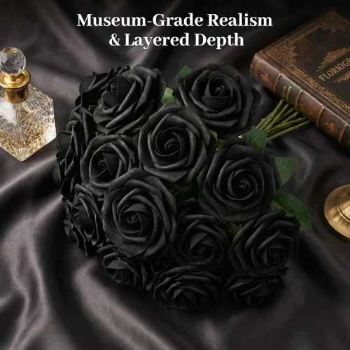 Miniatura 3 de JOHOUSE 20 rosas negras con tallo y 10 cabezas de rosas decorativas – Decoración gótica para el hogar y arreglos florales de boda centros de mesa