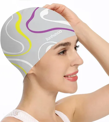 Gorro de natación de silicona para mujer, gorras de natación impermeables de pelo largo con rayas de color impresas Gris