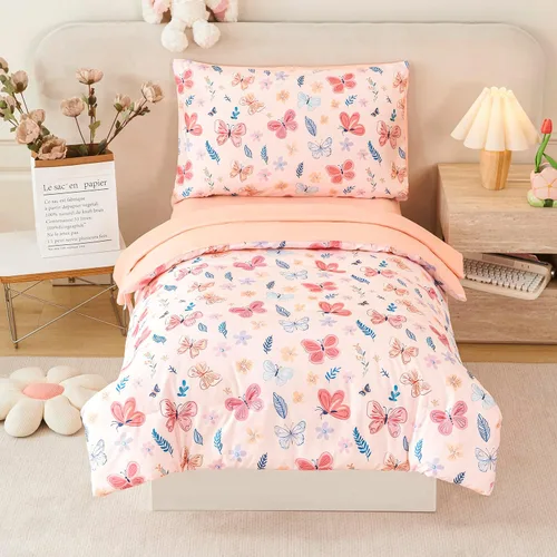 Miniatura 12 de URBONUR Juego de ropa de cama de 4 piezas para niños pequeños - Juego de edredón ultra suave con dibujos animados de animales del zoológico rosa