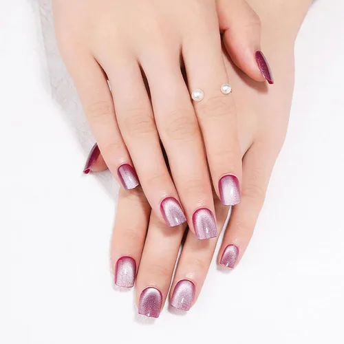 Miniatura 11 de Uñas postizas a presión de Navidad, color rojo vino, uñas postizas cuadradas medianas con diseño degradado, cobertura completa, acrílico brillante
