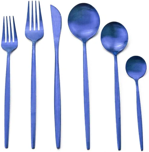 Miniatura 9 de Juego de cubiertos de 36 piezas de acero inoxidable 304 con acabado de manchas de color negro puro, cuchillo de vajilla de postre, tenedor, cuchara