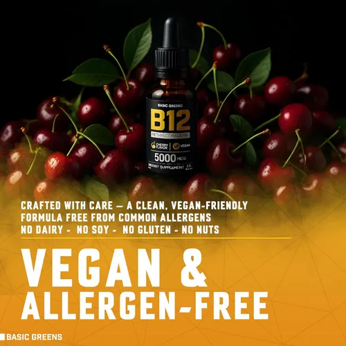 Miniatura 5 de Vitamina B12 - Gotas líquidas de 5000 mcg, fórmula líquida B12 sublingual de metilcobalamina, suplemento B-12 vegano sabor cereza para mujeres