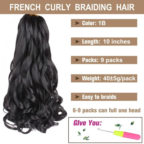 Miniatura 2 de COOKOO Cabello rizado francés de 10 pulgadas, prerizado, paquete de 9 rizos franceses, trenzas sueltas, cabello trenzado para trenzas de caja