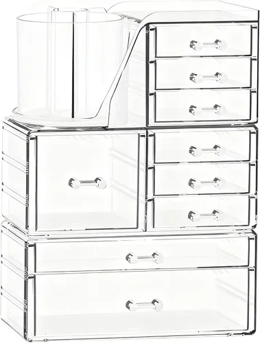 Miniatura 8 de ShineMe Organizador de maquillaje acrílico, organizador de cosméticos apilable de 2 niveles para tocador con soporte giratorio de 360° para brochas