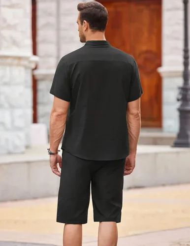 Miniatura 4 de COOFANDY Conjunto de 2 piezas de lino para hombre, camisas y pantalones cortos Henley de manga corta y pantalones cortos de verano para playa y yoga
