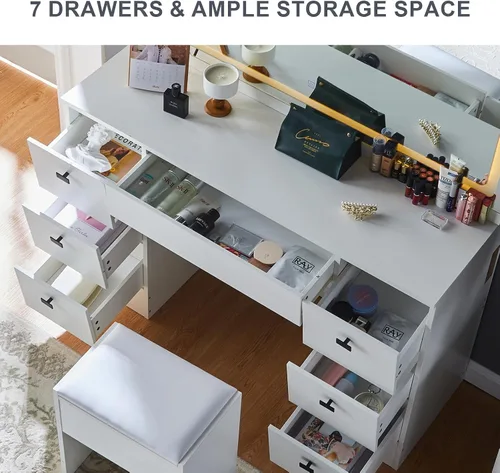 Miniatura 5 de CLIPOP Escritorio de tocador de maquillaje con espejo iluminado grande, mesa de maquillaje con 7 cajones, toma de corriente, control táctil, 3 modos