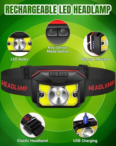 Miniatura 3 de Paquete de 2 faros delanteros – Linterna recargable superbrillante, 8 modos con carga rápida USB-C, movimiento impermeable IPX4 para camping, caza