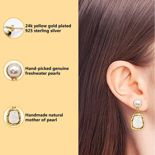 Miniatura 2 de Aretes colgantes de plata de ley 925 chapados en oro de 24 quilates de 9 a 0.374in con botón cultivado en agua dulce blanca y nácar para mujer