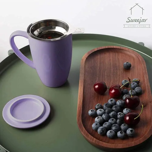 Miniatura 3 de Sweejar Taza infusora de té de porcelana con tapa, taza de té de 16 onzas con coladores para té de hojas sueltas, taza de café apta para microondas
