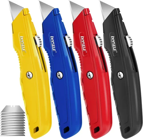 DIYSELF Paquete de 4 cortadores de caja, cuchillo utilitario con 10 cuchillas, cortador de caja resistente para alfombras, cartón, vinilo y papel,
