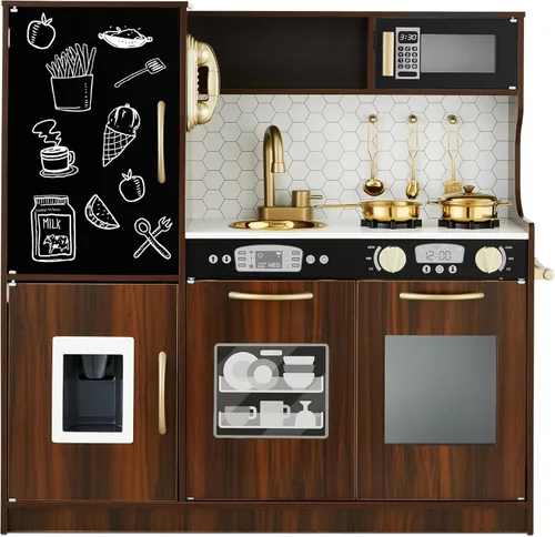 Best Choice Products - Set de cocina de madera de juguete, juego de simulación para niños con diseño realista, teléfono, utensilios, horno, Espresso