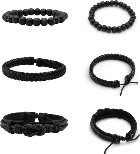Miniatura 4 de MILAKOO 6 pulseras de cuero trenzado para hombres y mujeres de madera con cuentas ajustables