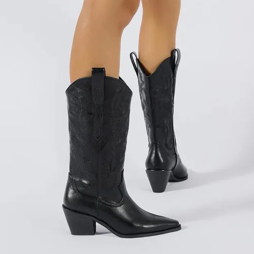 Miniatura 4 de Mattiventon Botas vaqueras para mujer, bordadas, a media pantorrilla, botas vaqueras vintage, botas occidentales