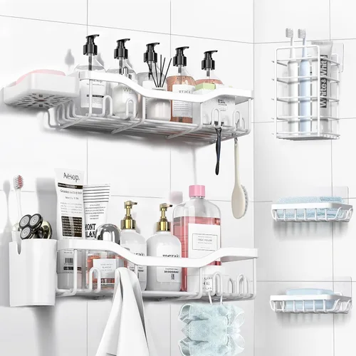 Miniatura 23 de NESOMI Organizador de Ducha Adhesivo Juego de 7 Piezas, Estantes de Baño de Acero Inoxidable a Prueba de Óxido, Accesorios de Almacenamiento sin
