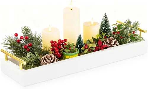 Hanobe Bandeja larga para centro de mesa: bandejas estrechas decorativas portavelas de madera, bandeja de centro de mesa con asas para decoración