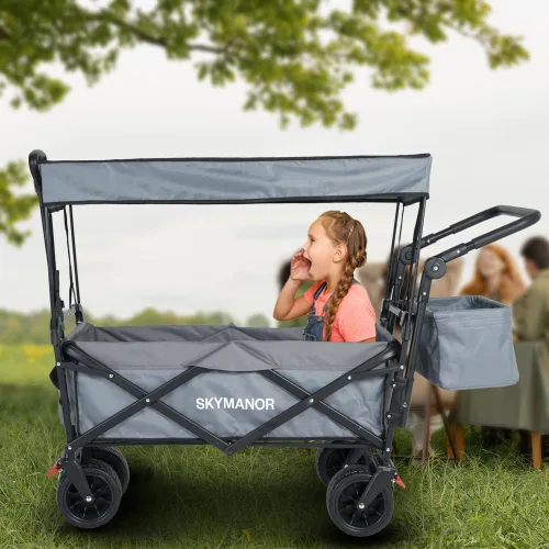 Miniatura 7 de SKYMANOR - Carro plegable con toldo extraíble, carrito de jardín 3-en-1 de uso pesado con ruedas grandes para todo terreno, frenos, mango ajustable