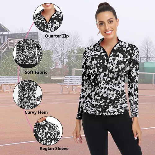 Miniatura 4 de WOWENY Camiseta deportiva de manga larga para mujer, con cremallera de un cuarto, cuello para entrenamiento, camiseta de tenis con estampado