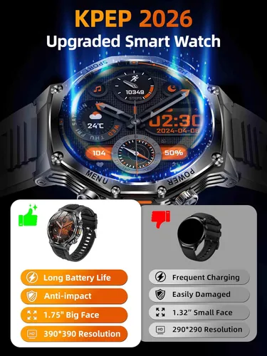 Miniatura 5 de KPEP Military Watches for Men with 2 Straps (Bluetooth Call), 1.75" HD Screen Military Watch with Flashlight, 800mAh Battery, SpO2 Heart Rate Sleep