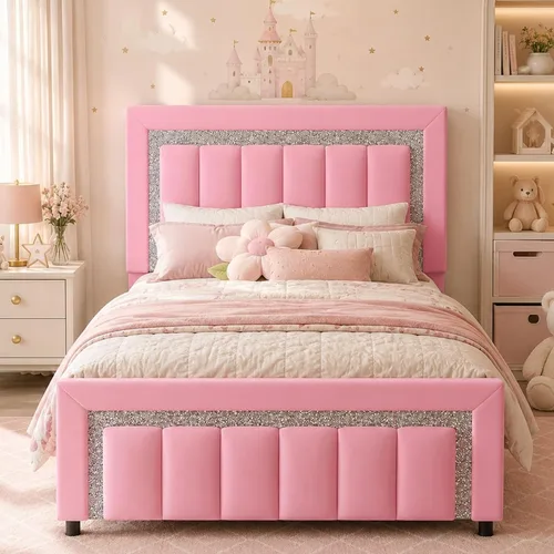 Miniatura 21 de HOMBCK Marcos de Cama Individual, Marco de Cama Tamaño Individual con Cabecera y Pie de Cama de Diseño de Terciopelo Diamante, Marco de Cama