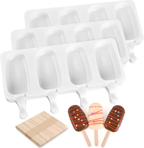 Sakolla Juego de 3 moldes grandes para paletas de silicona con 4 cavidades, moldes para pastelitos, moldes ovalados para pasteles de helado casero
