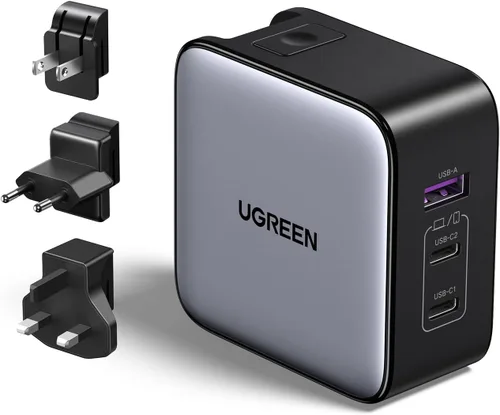Miniatura 9 de UGREEN Adaptador de viaje USB C de 65 W, cargador rápido plegable con enchufes de EE. UU./Reino Unido/UE, adaptador de corriente internacional de 3
