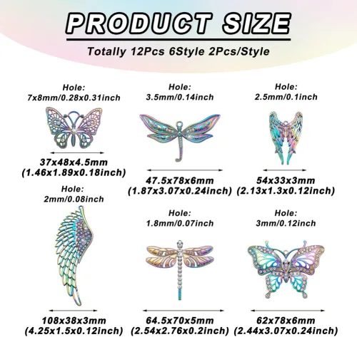 Miniatura 3 de 12 dijes de filigrana de mariposa de aleación de color arco iris, colgantes grandes, colgantes de ala hueca, adorno de metal grabado al agua fuerte