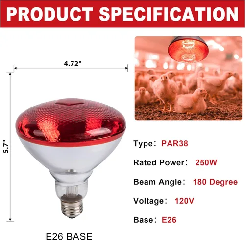 Miniatura 2 de Bombillas de calor de pollo de 250 W, lámpara de calor PAR38 para pollitos, bombilla de calor reflector infrarrojo para calentador de criadera