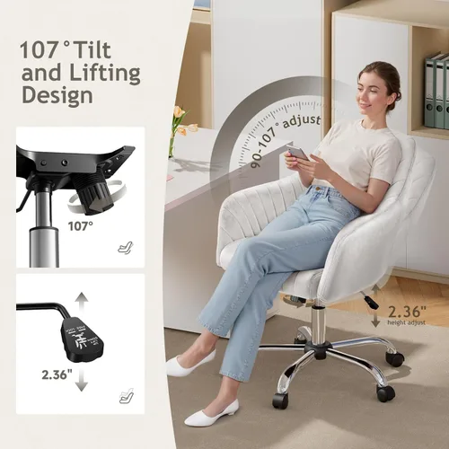 Miniatura 6 de Warmiehomy Silla de escritorio de terciopelo para oficina en casa, moderna silla de trabajo giratoria ajustable, sillas de tocador para mujeres