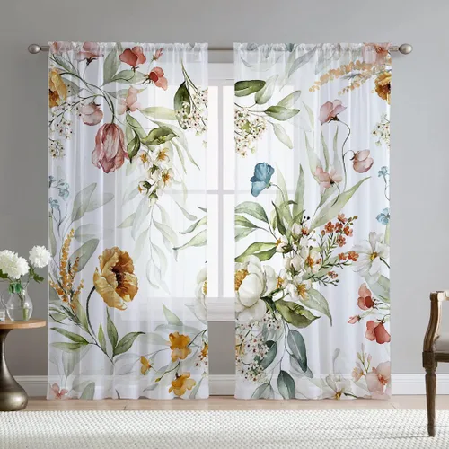 Miniatura 11 de Cortinas de hojas de eucalipto verdes para sala de estar de 63 pulgadas de largo, juego de 2 paneles elegantes de flores silvestres con estampado