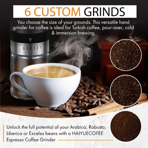 Miniatura 3 de Molinillo de café manual con 6 ajustes de grosor ajustables, molinillo de café con manivela de mano con rebabas de cerámica para granos de expreso
