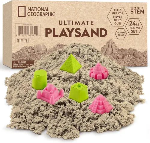 National Geographic Moon Sand - 24 libras de arena de juego con moldes de castillo (natural) - Una actividad sensorial divertida y sin ensuciar,