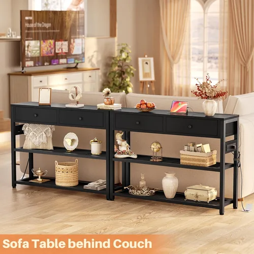 Miniatura 7 de Ecoprsio Mesa de Entrada con Tomacorrientes y Puertos USB, Mesa Consola con 2 Cajones, Mesa de Sofá Pequeña con Estantes de Almacenamiento para Sala