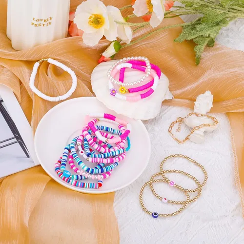 Miniatura 3 de 16 pulseras Preppy, coloridas pulseras de joyería Heishi Y2K para niñas, estéticas, bohemias, con cuentas, elásticas, de verano, playa, joyería