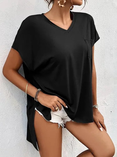 Miniatura 3 de FSHAOES Camisetas de verano con cuello en V para mujer, manga casquillo, camisetas de gran tamaño, ajuste holgado