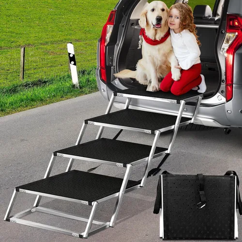 Miniatura 8 de Rampa para perros para automóvil, escalera extra ancha para perros grandes para automóvil, escalones para mascotas de aluminio ligero plegables