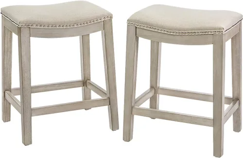 Barton Juego de 2 taburetes de bar beige de 24 pulgadas, silla de montar sin espalda, acolchado de alta calidad para interiores y exteriores, cojín