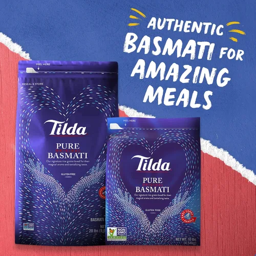 Miniatura 7 de Tilda Arroz basmati puro, arroz aromático y auténtico de primera calidad, bolsa grande resellable, bolsa de 10 libras, color blanco