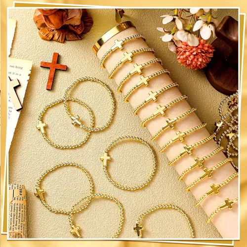 Miniatura 5 de Cross Bracelets for Women Christian Bracelets Bulk Beaded Religious Gifts Jesus Faith Bracelet Stretch Stackable Church Jewelry Gift Communion Dorado