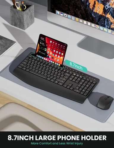 Miniatura 3 de Combinación ergonómica de teclado y mouse inalámbricos, LIZRROT 2.4 GHz, silencioso, de longitud completa, soporte de muñeca, soporte para teléfono