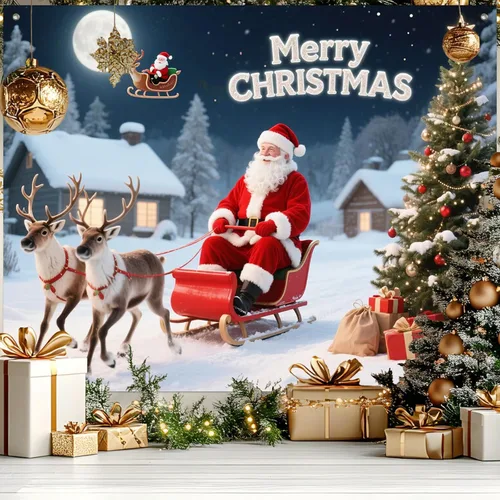 BlissYard Pancarta de Fondo de Navidad de 8 x 6 pies Papá Noel Trineo Reno Feliz Navidad Árbol Muñeco de Nieve Regalos País de las Maravillas